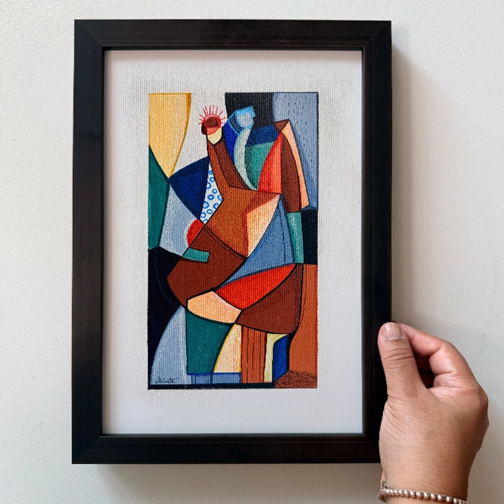 Framed original Cubist painting "Between Mountains And Valleys" by SoulCurryArt showcasing abstract mountain and valley landscape art.