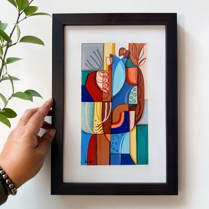 Framed Cubist painting titled "Presence Of Springtime" by SoulCurryArt, featuring vibrant springtime colors and abstract floral design.