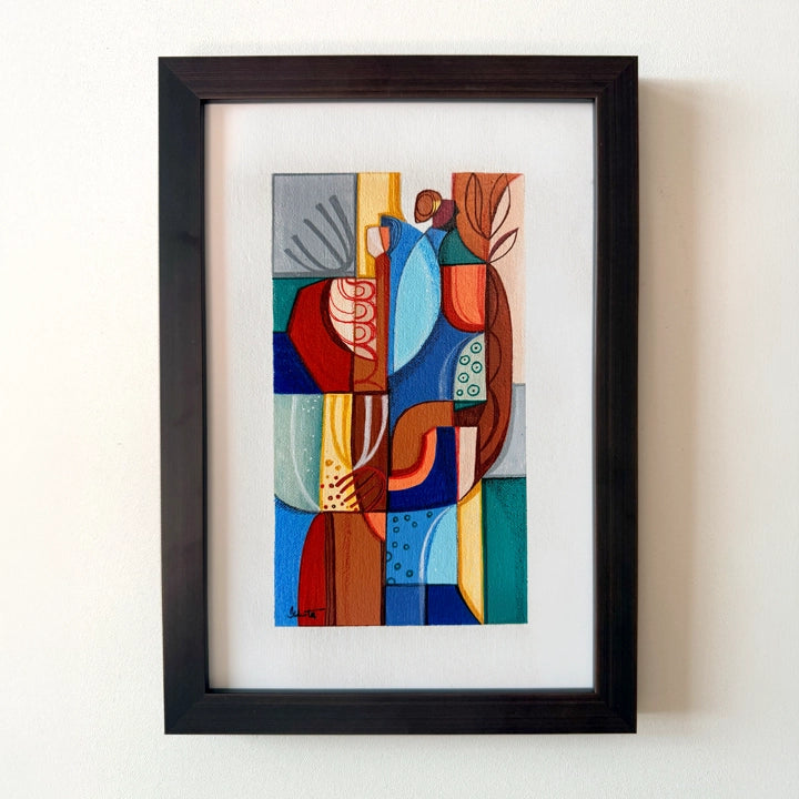 Framed original Cubist painting "Presence Of Springtime" by SoulCurryArt, featuring vibrant springtime colors and abstract floral designs.