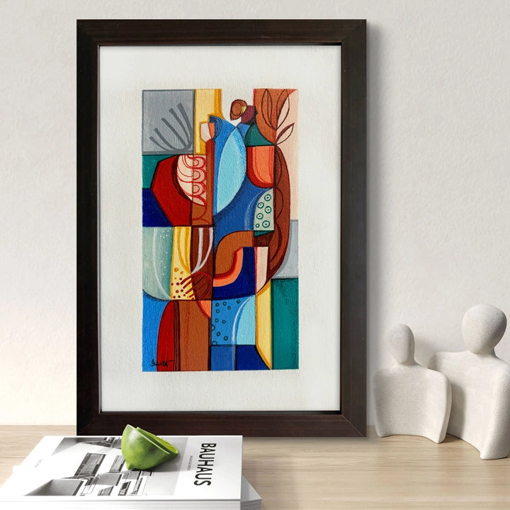 Framed Cubist painting titled "Presence Of Springtime" by SoulCurryArt, featuring vibrant abstract springtime imagery.