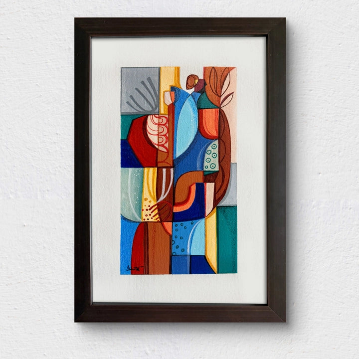 Framed original Cubist painting "Presence Of Springtime" by SoulCurryArt, featuring vibrant abstract springtime scene.