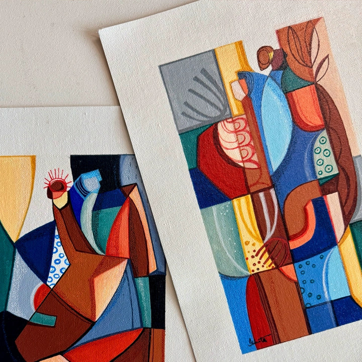 Framed Cubist original art titled "Between Mountains And Valleys" by SoulCurryArt, depicting a vibrant mountainous landscape with geometric shapes.