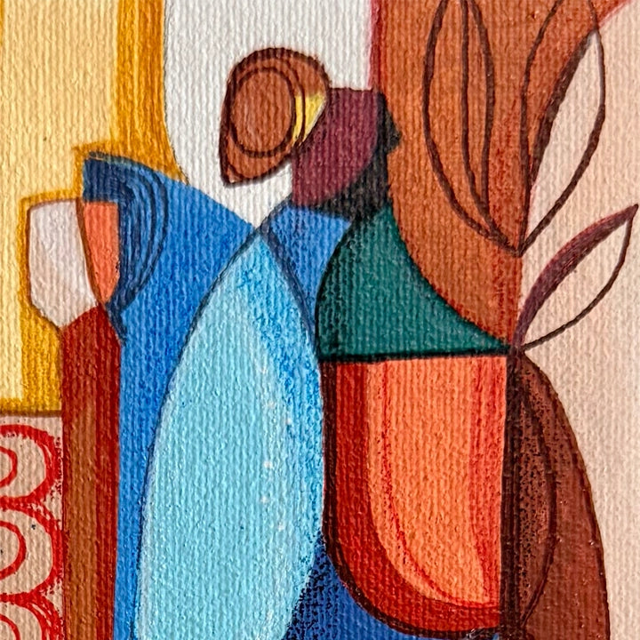 Framed original Cubist painting "Presence of Springtime" by SoulCurryArt, vibrant abstract artwork with colorful springtime imagery.