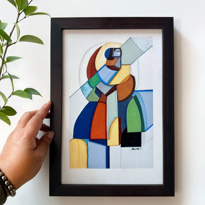 Framed Cubist painting "Fragmented Foundations" by SoulCurryArt, showcasing abstract geometric shapes and vibrant colors.