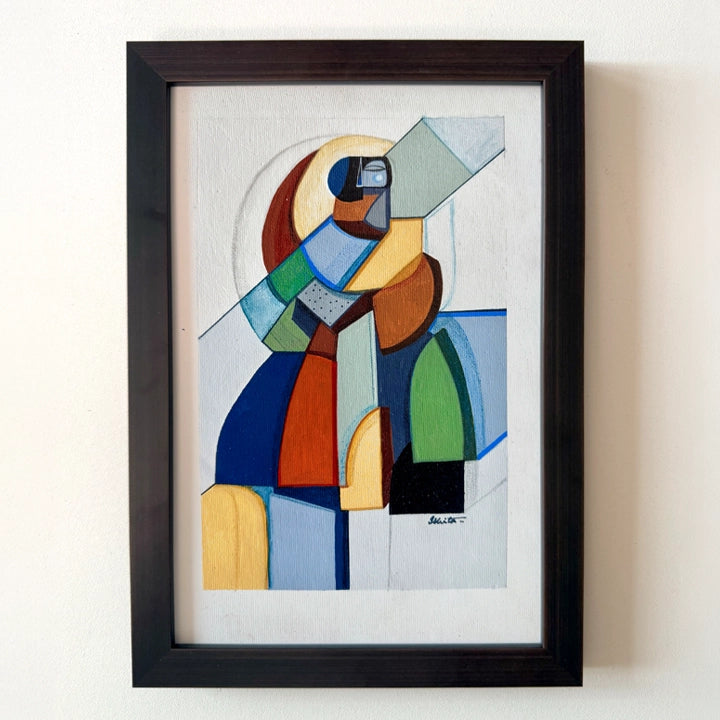 Cubist framed original art piece titled "Fragmented Foundations" by SoulCurryArt featuring abstract geometric shapes and bold colors.
