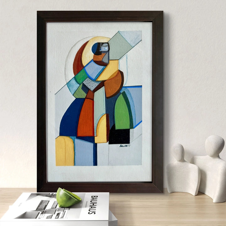 Fragmented Foundations framed Cubist painting by SoulCurryArt, featuring abstract geometric shapes and layered earth-tone colors.