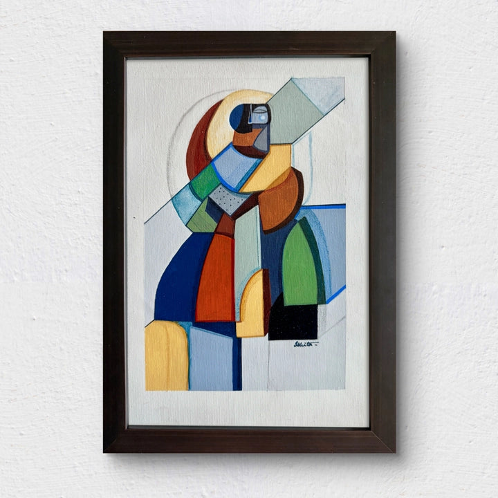 Fragmented Foundations framed cubist painting by SoulCurryArt, showcasing abstract geometric shapes and vibrant color palette.
