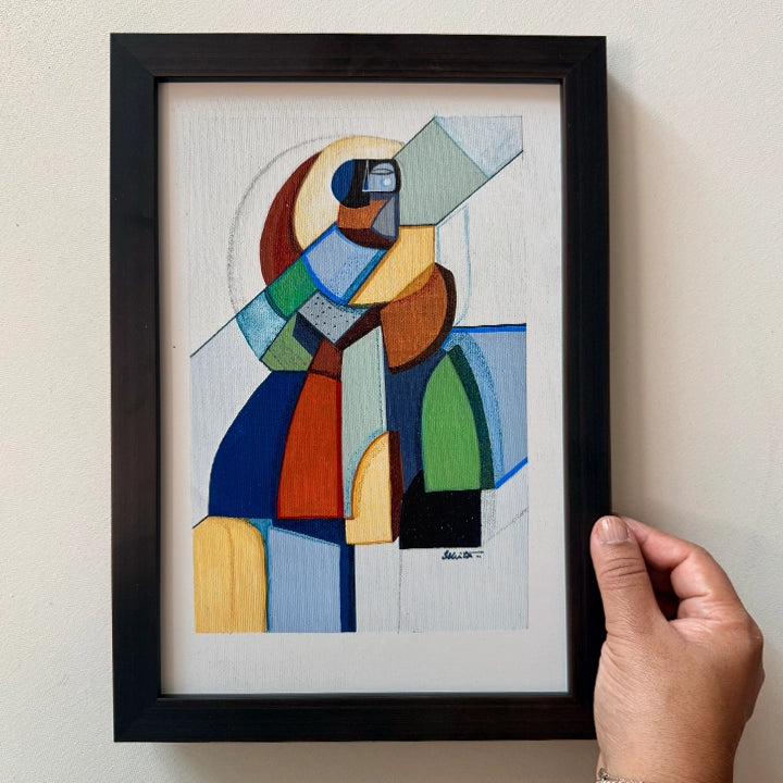 Cubist framed original art titled "Fragmented Foundations" by SoulCurryArt, featuring abstract geometric shapes and bold colors.