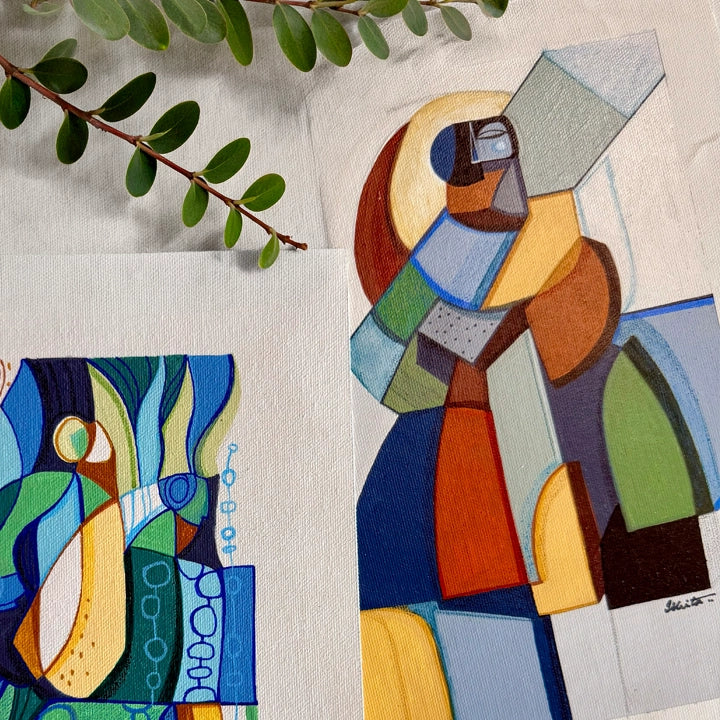 Fragmented Foundations cubist painting by SoulCurryArt, framed original art piece featuring geometric abstract design.