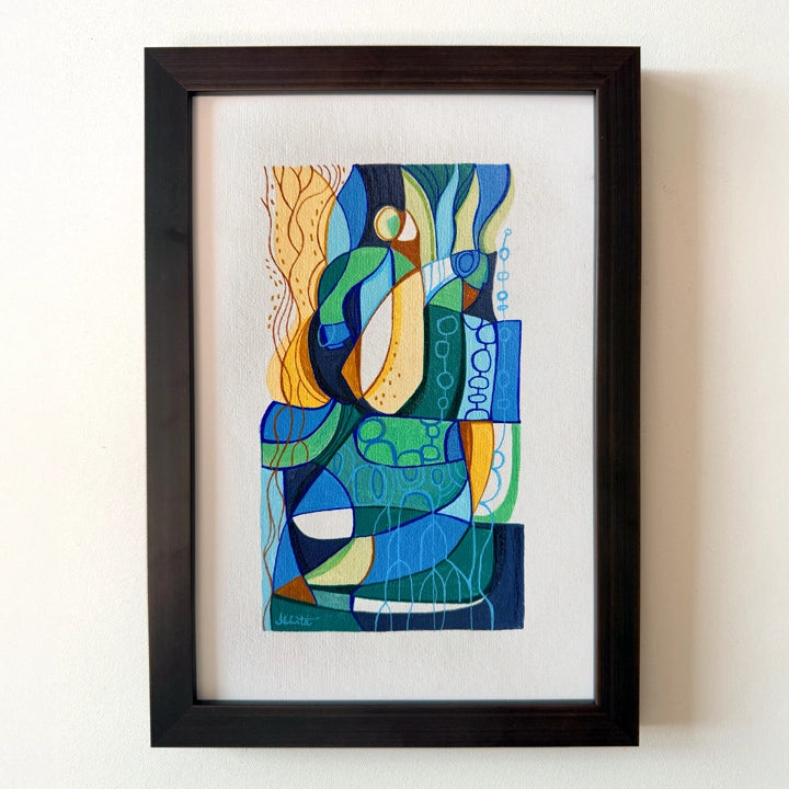 Original cubist painting titled "We Are The Forest" by SoulCurryArt, framed artwork depicting abstract forest scenes in vibrant hues.