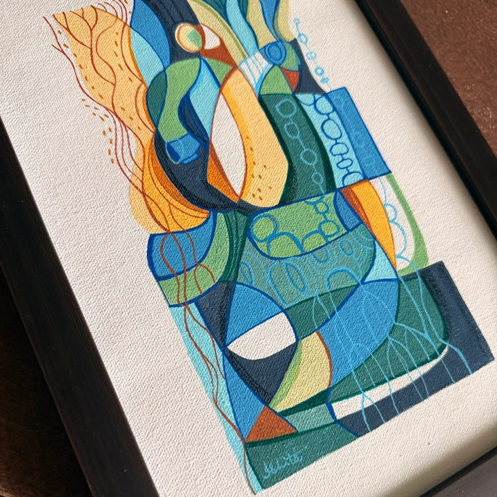 Framed original cubist painting titled "We Are The Forest" by SoulCurryArt depicting an abstract forest scene with vibrant colors.