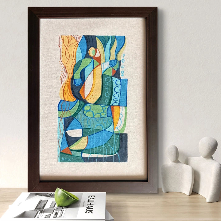 Framed original Cubist painting titled "We Are The Forest" by SoulCurryArt, showcasing vibrant, abstract forest imagery.