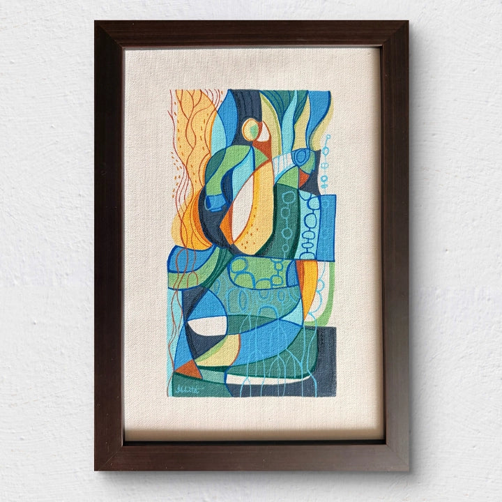 Framed Cubist original painting titled "We Are The Forest" by SoulCurryArt, showcasing vibrant, forest-inspired geometric artwork.