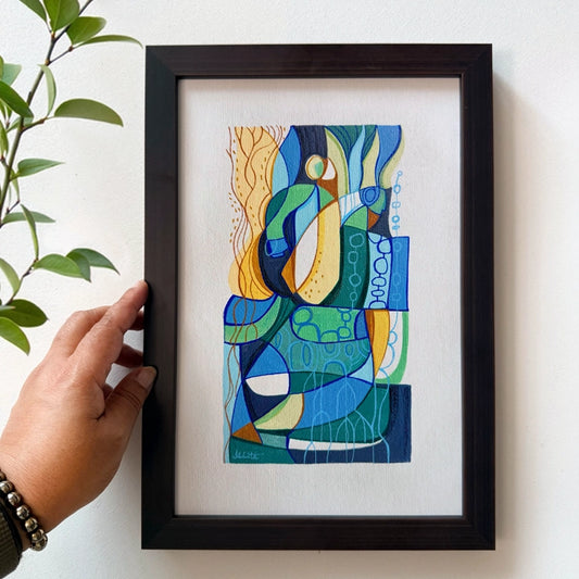 Framed Cubist original painting titled "We Are The Forest" by SoulCurryArt, featuring vibrant forest-inspired geometric art.