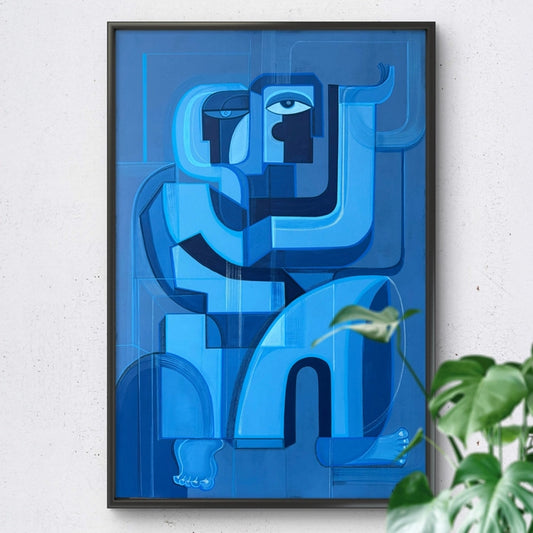 Azure Mosaic original art by SoulCurryArt featuring vibrant blue and aqua geometric mosaic patterns on canvas.