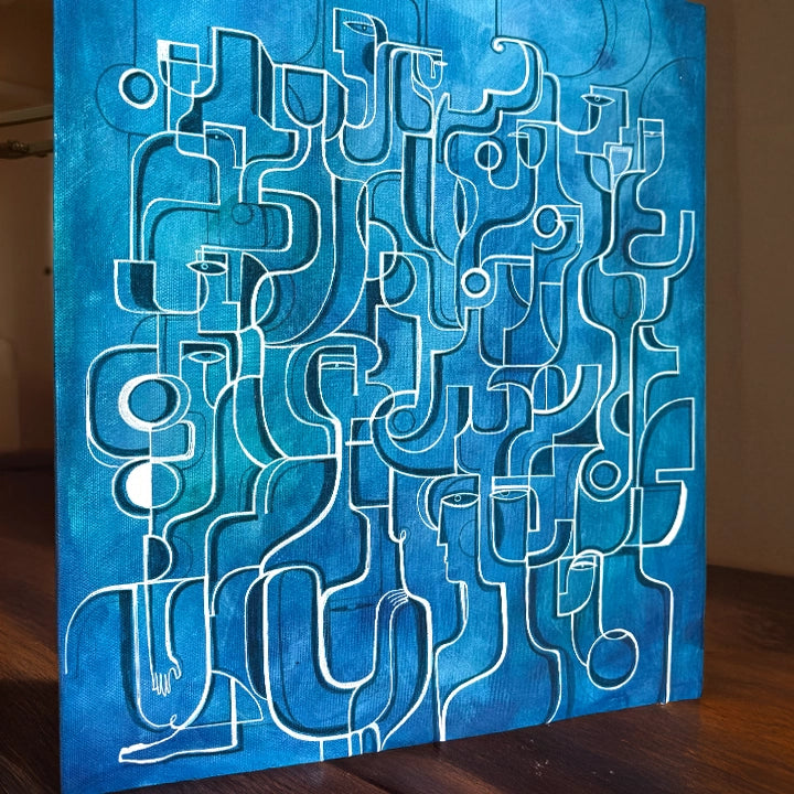 Blue Rising, Original Cubist Painting - SoulCurryArt