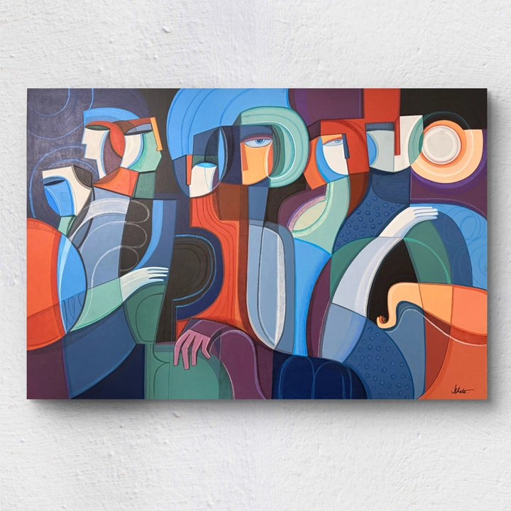 Cubist original painting titled "Dancers In The Moonlight" by SoulCurryArt, 60x40 inches, featuring abstract dancers under moonlight.