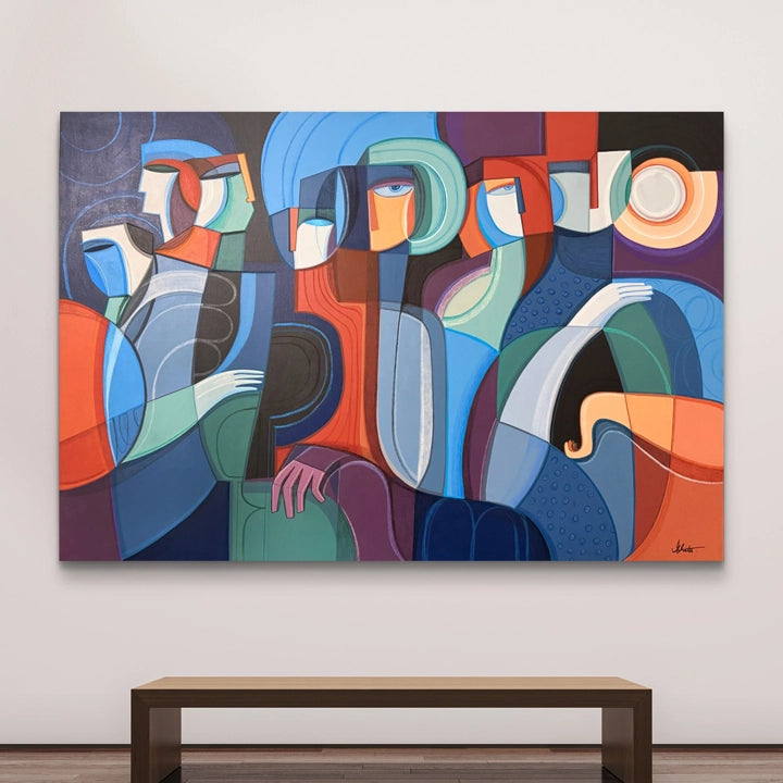 Cubist-style original painting titled Dancers In The Moonlight by SoulCurryArt, featuring dancers under moonlight in vibrant colors.