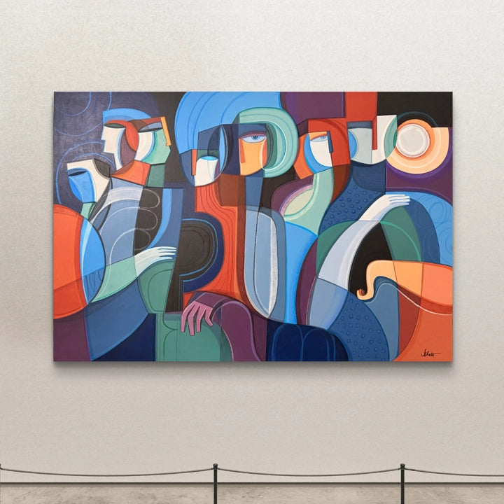 Cubist original painting titled Dancers In The Moonlight by SoulCurryArt, showcasing dancers under moonlight in vibrant colors.