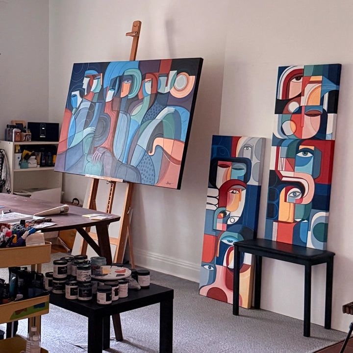 Cubist original painting "Dancers In The Moonlight" by SoulCurryArt, 60x40 inches, featuring dancing figures beneath a moonlit sky.