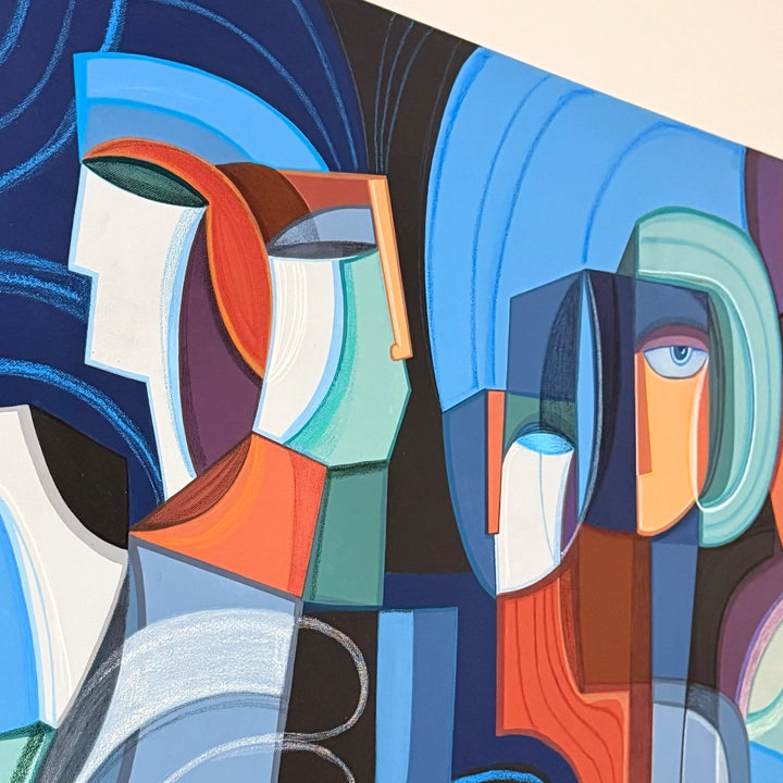 Cubist original painting titled Dancers In The Moonlight by SoulCurryArt, featuring abstract dancers under moonlight in vibrant colors.