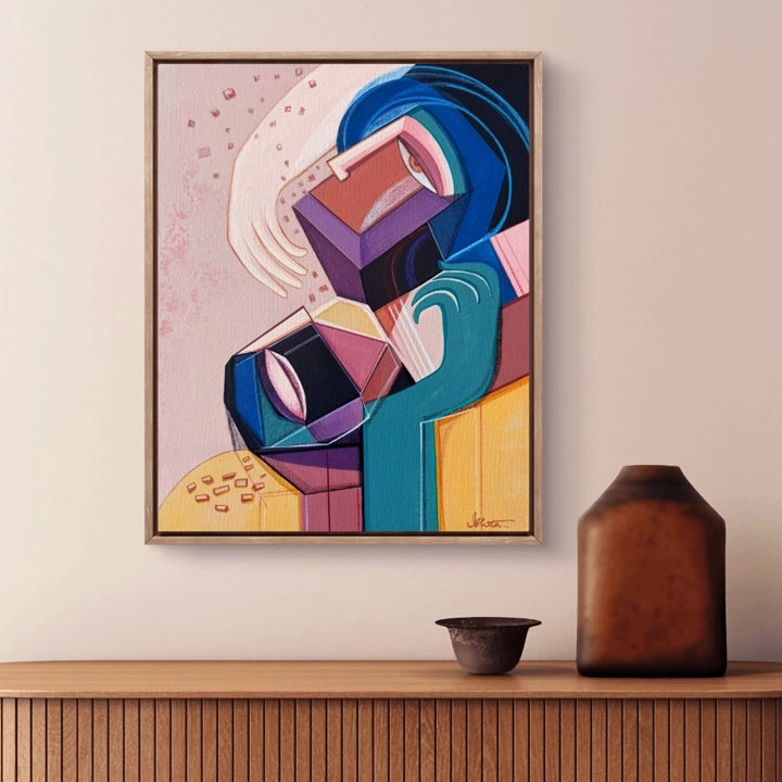 Original art piece titled "Embraced" by SoulCurryArt, featuring vibrant colors and abstract brushstrokes on canvas.