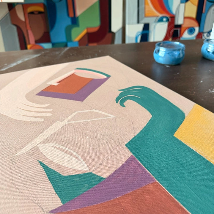 Original art piece titled Embraced by SoulCurryArt, featuring vibrant colors and abstract design on canvas.