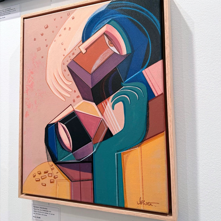 Original art piece titled Embraced by SoulCurryArt, featuring vibrant colors and abstract design on a textured canvas.
