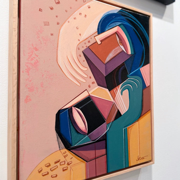 Original art piece titled "Embraced" by SoulCurryArt, featuring vibrant abstract shapes and warm color tones.