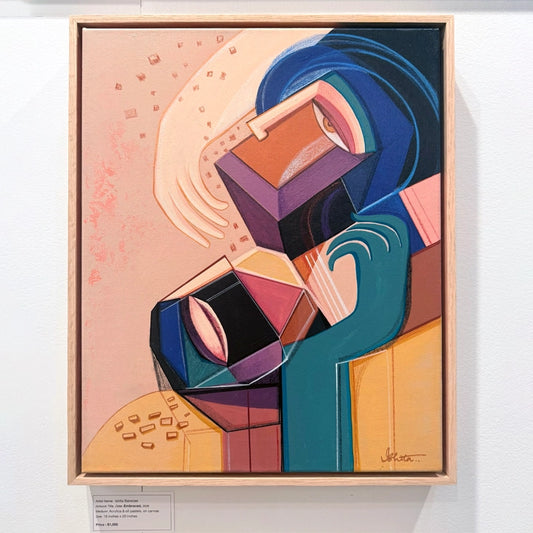 Original art piece titled "Embraced" by SoulCurryArt, featuring vibrant colors and abstract imagery on a canvas.