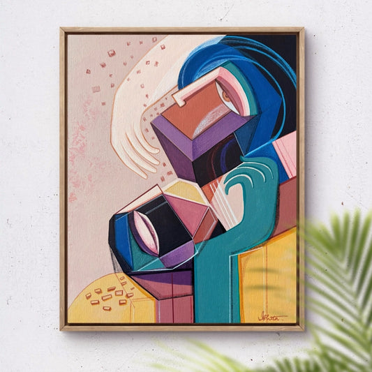 Original art piece titled "Embraced" by SoulCurryArt, featuring abstract brushstrokes with warm earthy tones.