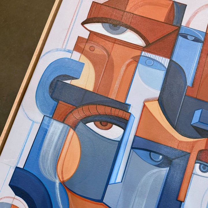 Abstract original art piece titled "Fragmented Unity" by SoulCurryArt, featuring vibrant, geometric shapes and bold colors.