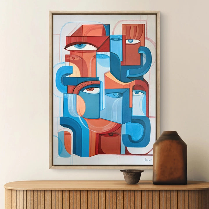 Abstract original art piece titled Fragmented Unity by SoulCurryArt, featuring vibrant, geometric shapes and bold colors.
