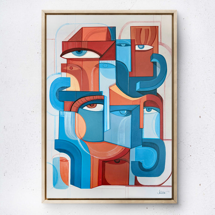 Abstract original art titled Fragmented Unity by SoulCurryArt, featuring vibrant, broken geometric shapes on a textured canvas.