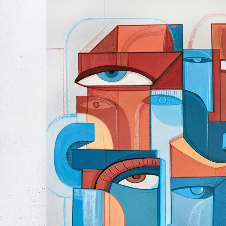 Abstract digital artwork titled "Fragmented Unity" by SoulCurryArt, featuring vibrant, geometric shapes and bold colors.