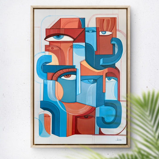 Abstract original art piece titled Fragmented Unity by SoulCurryArt, featuring vibrant, fragmented geometric shapes on a textured canvas.