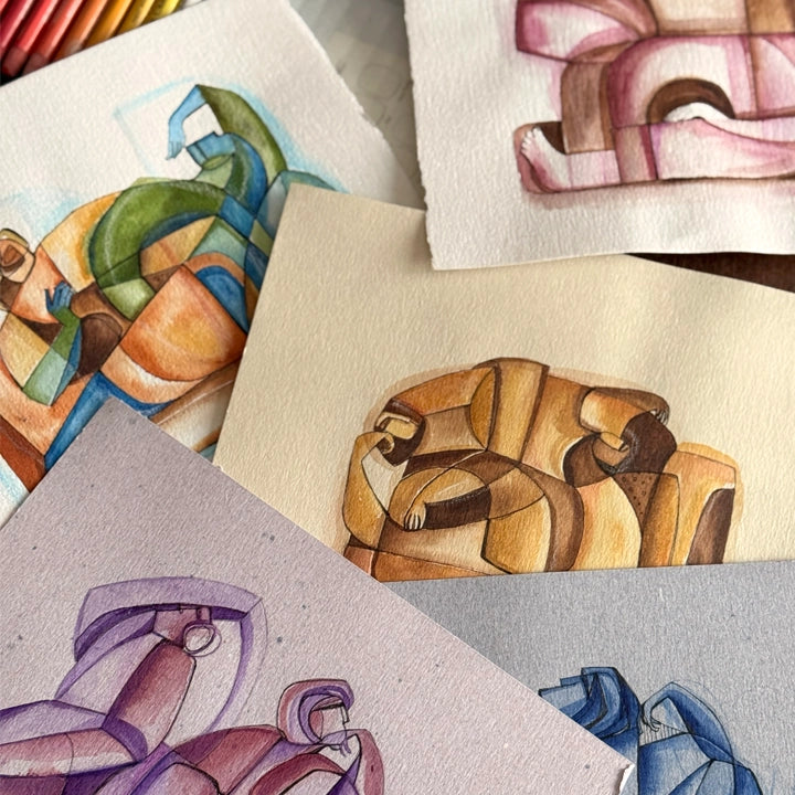 Group of original art pieces from the Reverie Series Collection by SoulCurryArt, showcasing vibrant, abstract designs on canvas.