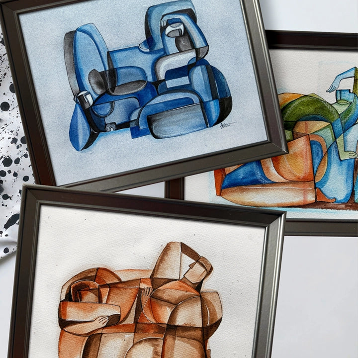 Group of vibrant original art pieces from the Reverie Series Collection by SoulCurryArt displayed together.