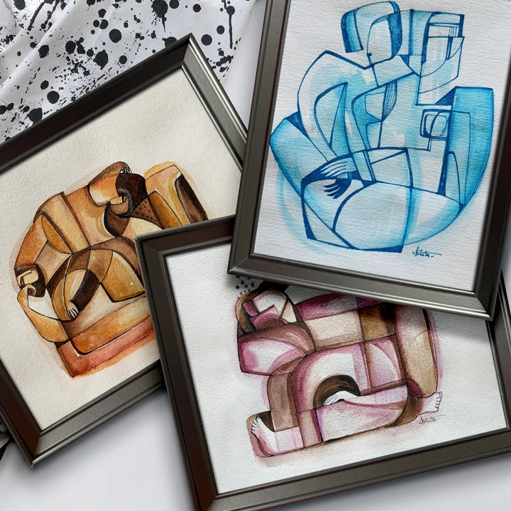 Group of original art pieces from the Reverie Series Collection by SoulCurryArt, displayed together in a vibrant, artistic arrangement.