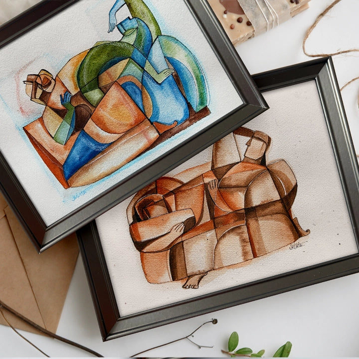 Group of original art pieces from the Reverie Series Collection by SoulCurryArt, featuring vibrant abstract designs.
