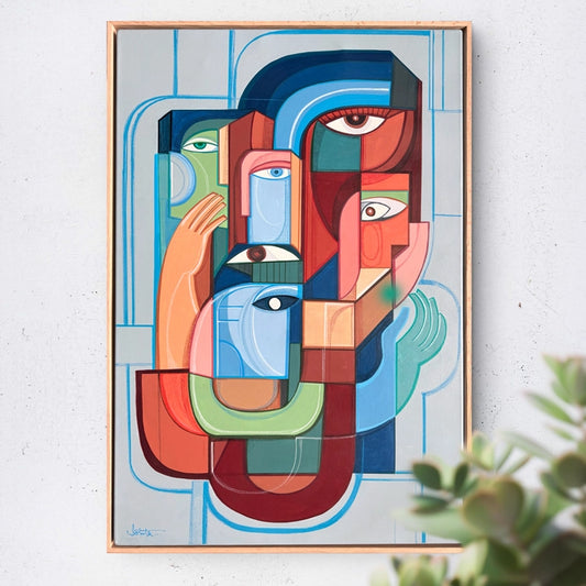 Abstract original art piece titled Inner Geometry by SoulCurryArt, featuring vibrant geometric shapes and intricate patterns.