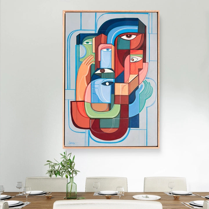 Abstract original art piece titled "Inner Geometry" by SoulCurryArt featuring vibrant geometric patterns and bold colors.