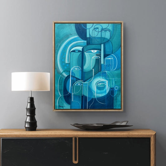 Abstract original art piece titled Spatial Rhythm by SoulCurryArt, featuring vibrant geometric shapes and dynamic patterns.