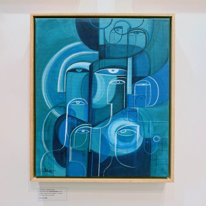 Abstract original art piece titled "Spatial Rhythm" by SoulCurryArt featuring vibrant geometric shapes and dynamic patterns.