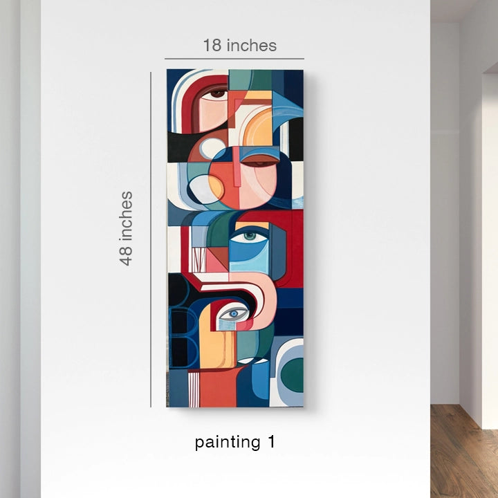 Set of two original cubist paintings titled Les Tours Des Visages by SoulCurryArt, featuring abstract geometric facial designs.