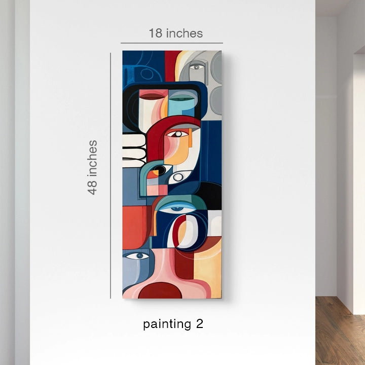 Set of two SoulCurryArt Les Tours Des Visages cubist paintings, featuring vibrant, abstract face designs in bold colors.