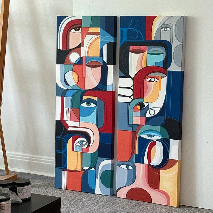 Set of two original cubist paintings by SoulCurryArt titled Les Tours Des Visages, featuring abstract face designs.
