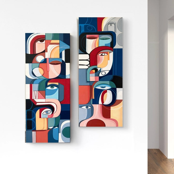 Set of two original cubist paintings by SoulCurryArt, Les Tours Des Visages art prints featuring geometric facial designs.