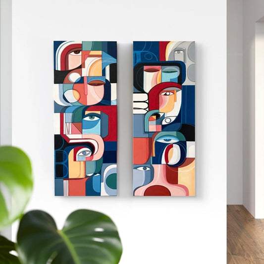 Set of two original Cubist paintings by SoulCurryArt, Les Tours Des Visages, featuring abstract face and building designs.