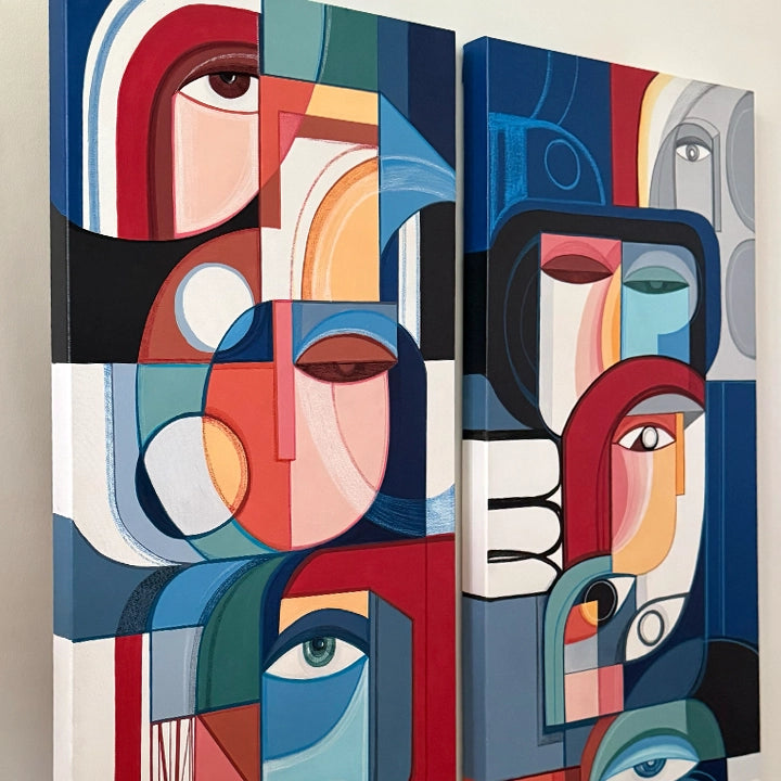 Set of two original cubist paintings by SoulCurryArt titled Les Tours Des Visages, featuring abstract, geometric face designs.